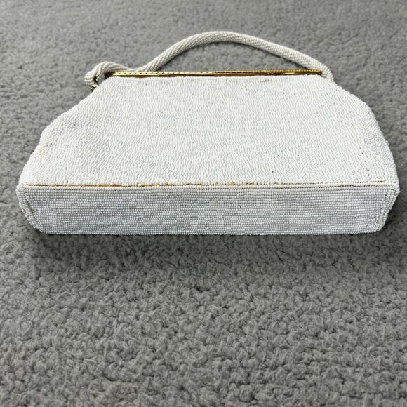 Vintage Floral Needlepoint Seed Beaded Purse Handbag Hinge Closure Beaded Strap - Picture 4 of 9